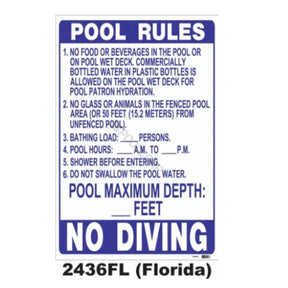 24 X 36" Florida Pool Rules New Sign  | 2436FL"
